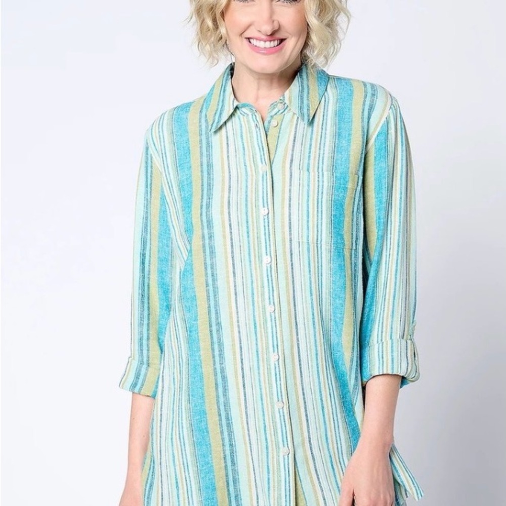 Naturals d & co. Elegant Striped Button Down Shirt- Linen+ Viscose - Large